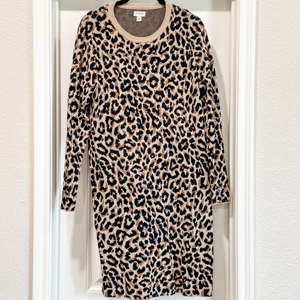 J.Crew Women’s Leopard Print, Long Sleeve Knit Sweater Dress, Size Medium